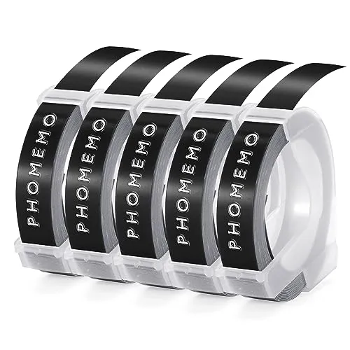 Phomemo Etikettenband Prägeband Kompatibel mit Dymo Omega Etikettenbands Ersatz für 3D Etikettenband 9mm für Omega S0717930 Junior S0717900 Etikettiergerät (Weiß auf Schwarz, 5 Stück)