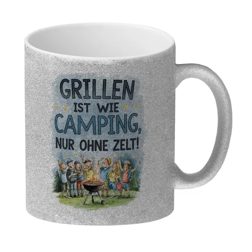 Grillen ist wie Camping Glitzer-Kaffeebecher