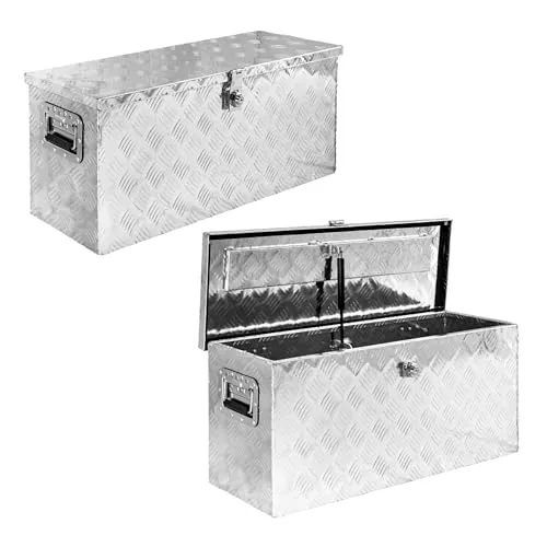 Trucky Anhänger-Deichselbox D080 - Robuste Werkzeugbox aus Aluminium - Transportboxen: Praktische und verschließbare Alubox mit Hydraulik-Stoßdämpfer, ideal für Werkstatt, Auto und Hobby.