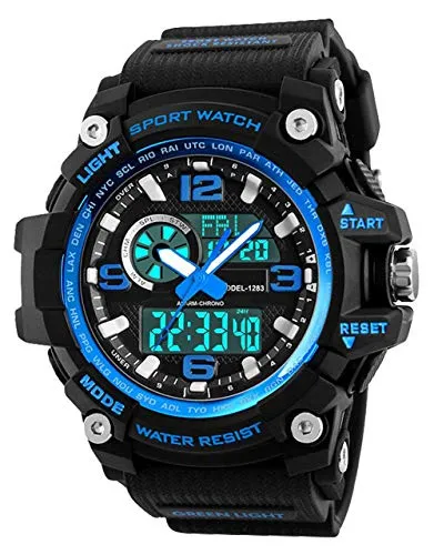 Herren Digital Quarz Uhr mit Silikon Armband LED 5 ATM wasserdicht Armbanduhr Sportuhren mit Countdown/Wecker/Stoppuhr Digitaluhr für Männer Blau