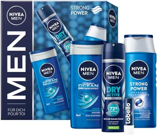 NIVEA MEN Strong Power Geschenkset - Dusch- & Badeartikel für Männer, umfassendes Pflegeset mit erfrischendem Duschgel, kräftigendem Shampoo und langanhaltendem Deodorant für jeden Anlass.