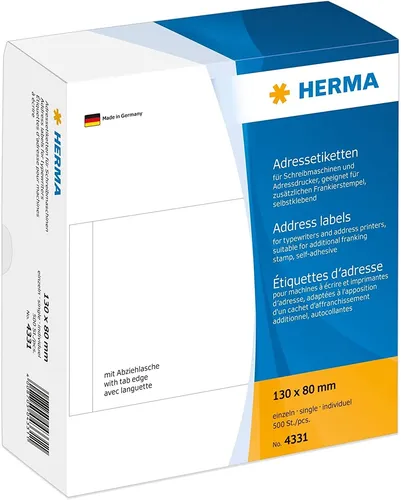 HERMA 4331 Adressaufkleber für Schreibmaschinen - Rechteckige Adress-Etiketten in Weiß, ideal für individuelle Beschriftungen und einfaches Anbringen. Perfekt für den Einsatz mit A4-Druckern.