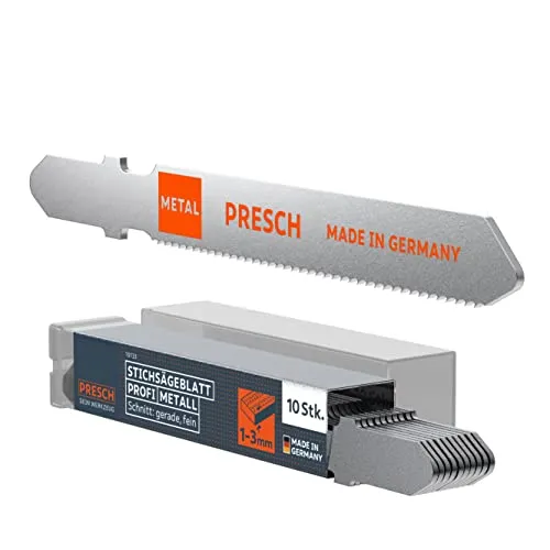 Presch Stichsägeblätter Metall Profi 10 Stk. (Edelstahl, Metall) - Für rostfreie Stähle (1-3mm) - Profi Stichsägeblatt Set - Sägeblätter mit T-Schaft für jede Stichsäge