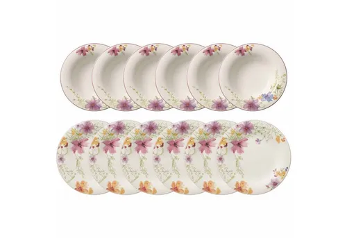 Villeroy Boch Tafelset 12tlg. MARIEFLEUR BASIC - Florales Porzellangeschirr mit beerenfarbenem Rand, mikrowellengeeignet und spülmaschinenfest, ideal für jeden Anlass