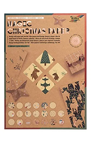 folia 49898 - Magic Christmas Paper, Kraftpapier-Block mit 20 Blatt, 115 und 270 g/qm, DIN A4, Bastel-Papier mit weihnachtlichem Motiv-Druck und Hotfoil-Veredelung