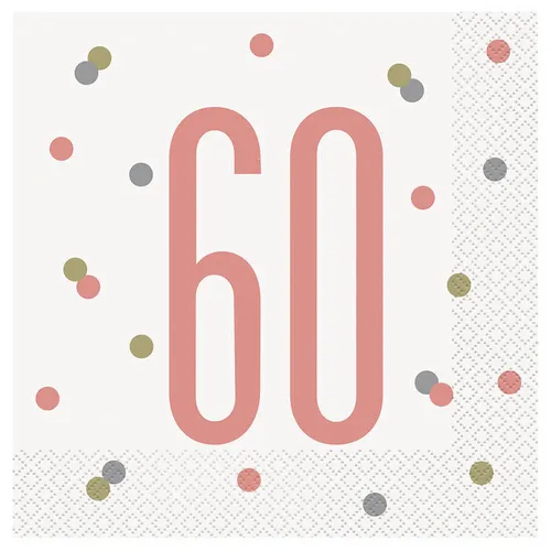 Servietten 60. Geburtstag, weiß-rosegold, Größe: ca. 33 x 33 cm, 16 Stück