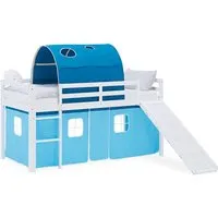 Homestyle4u Hochbett in Weiß und Hellblau - Hochbett für Kinderzimmer mit Rutsche und Stoffvorhang, ideal für fantasievolle Spiel- und Rückzugsorte. Aus massivem Kiefernholz, sicher und langlebig.