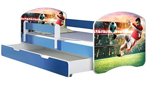 ACMA Kinderbett Jugendbett mit Einer Schublade und Matratze Blau mit Rausfallschutz Lattenrost II 140x70 160x80 180x80 (37 Fußballer 2, 140x70 + Bettkasten)