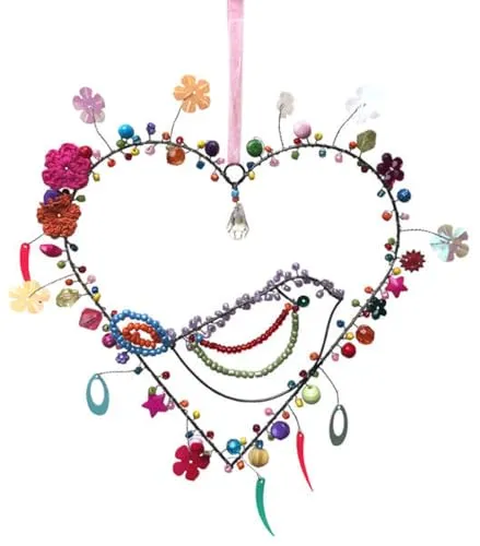 itsisa Drahtherz/Perlenherz bunt mit Vogel zum Aufhängen 18 x 19 cm - Herz aus Draht, Fensterdeko Liebe, Muttertag, Hochzeit