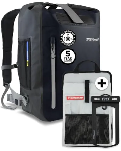 OverBoard 30 Liter wasserdichter Rucksack Schwarz - Robuster Rucksack für Outdoor-Aktivitäten, 100% wasserdicht (IP66), schützt vor Wasser, Sand und Schmutz, mit Roll-Top-Verschluss und bequemen Tragegurten.