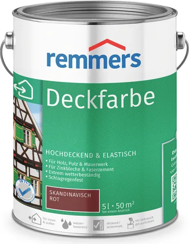 Remmers Deckfarbe skandinavisch rot, 5 Liter - Lacke – Hochdeckende Wetterschutzfarbe für innen und außen, ideal für Holz und Zink, bietet exzellenten UV-Schutz und ist hoch elastisch.