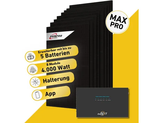Balkonkraftwerk SunEnergyXT 500 Pro 4000W Komplettset - Das Komplettset beinhaltet zwei bifaziale Solarmodule (1000 W) und den leistungsstarken SunEnergyXT 500 Pro Speicher mit 5024 Wh. Ideal für nachhaltige Energiegewinnung auf dem Balkon.