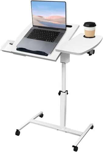 DOKKOME Beistelltisch Höhenverstellbar Stehpult Computertisch Klein Laptoptisch mit Rollen Seitentisch Drehbarer Faltbar Mobil Schreibtisch Klein Überbett-Tisch für Bett Sofa Büro Office Weiß