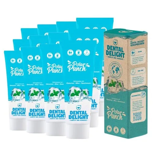DENTAL DELIGHT Polar Punch Zahnpasta – Vegane Zahncreme im 12er Pack - Testsieger bei Stiftung Warentest (Note 1,2). Diese vegane Zahnpasta mit erfrischendem Minzgeschmack sorgt für eine effektive Kariesprophylaxe und entfernt Verfärbungen – für strahlend weiße Zähne.