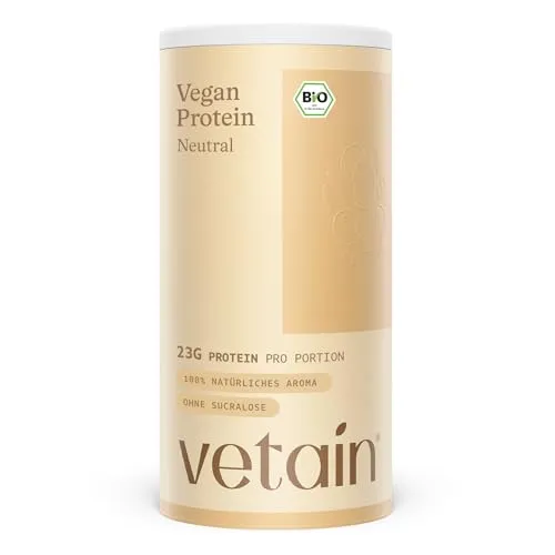 VETAIN BIO Veganes Proteinpulver - Neutral - 23g Eiweiß pro Portion - 600g - Hochwertiges veganes Proteinpulver mit 77% Proteingehalt. Ideal für cremige Shakes oder proteinreiche Rezepte. Biologisch, laktosefrei und ohne künstliche Zusätze. Produziert in Deutschland.