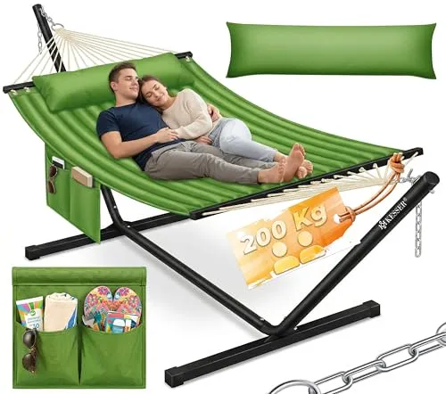 KESSER Hängematte HILL mit Gestell und Kissen - Hängematte mit stabilem Stahlgestell, ideal für Garten oder Balkon, bietet Platz für 2 Personen und sorgt mit hochwertiger Baumwolle und extra Kissen für maximalen Komfort und Entspannung.