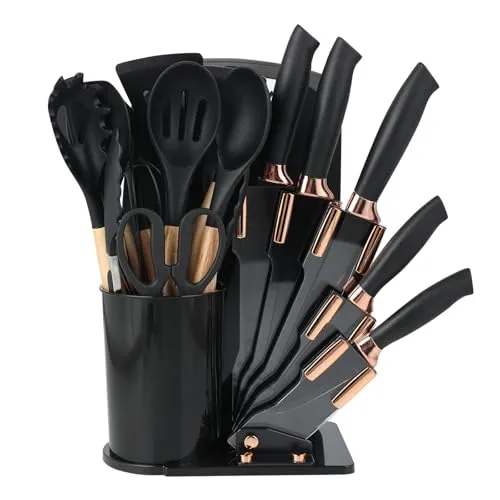 Küchenmesser Set 19 Teiliges Küchenutensilien Set Silikon Küchenhelfer Set mit 12 Kochutensilien,5 Messern,Schneidebrett und Halter,Spülmaschinengeeignet(Schwarz)