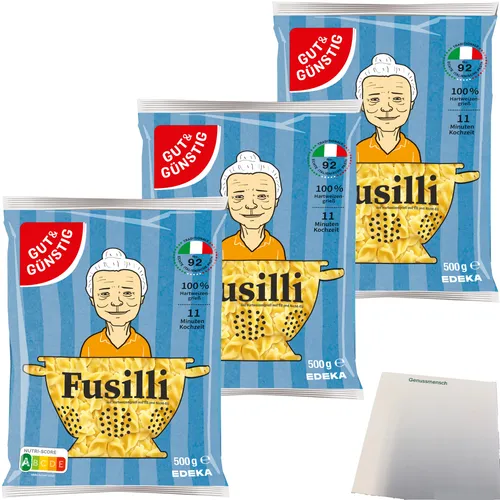 Gut&Günstig Nudeln Fusilli Pasta aus Italien 3er Pack 3x500g Packung usy Block