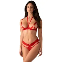 Obsessive Damen Set Cupide Desir, Rot, L/X - Erotisches Ouvert-Set mit BH und String, verziert mit goldfarbenen Schmuckdetails für einen verführerischen Look.