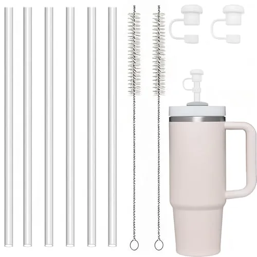jatimdotin 6 Stück Strohhalme für Stanley Cup, Wiederverwendbar Klare Strohhalme mit 2 Reinigungsbürste und 2 Strohabdeckung, Plastic Straws Compatible with Stanley 30/40 oz