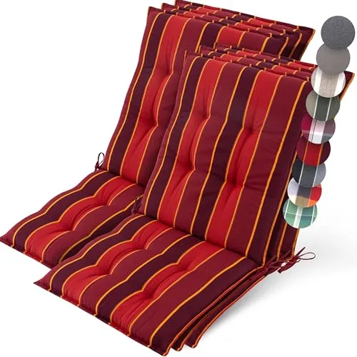Beautissu 6er Set Premium Niedriglehner Auflage Gartenstuhl 100x50cm Sun-NL – 8cm Dick Polster Gartenstuhlauflage rutschfest Befestigungsbänder UV-Lichtechtheit 5 – Robust Stoff Rot Gestreift