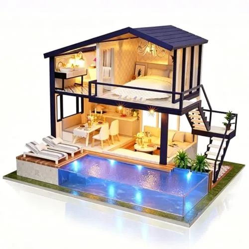 Cuteefun DIY Miniatur Puppenhaus Kit zum BAU Miniatur Haus mit Musik und Möbeln Selber Bauen Kreative Bastelgeschenke für Frauen (Zeit Apartment)