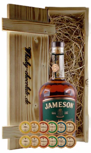 Jameson 18 Jahre Irischer Whiskey + 12 Edelschokoladen Geschenkset - Exquisites Whisky-Geschenkset mit 18 Jahre gereiftem Jameson und 12 Edelschokoladen in einer eleganten Holzkiste – perfekt für besondere Anlässe!