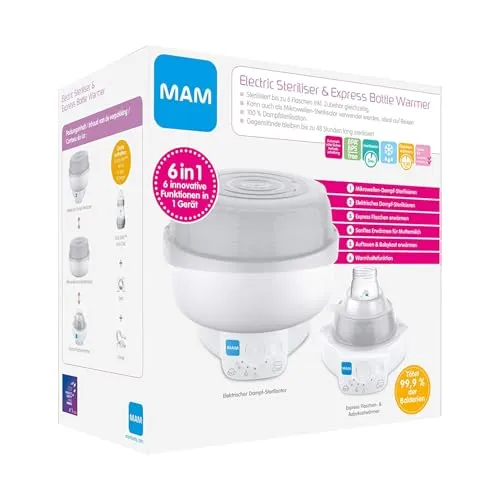 MAM 6in1 Sterilisator und Express Babykosterwärmer - Sterilisatoren – Kombiniert Sterilisieren und Erwärmen in einem Gerät, inklusive MAM Easy Start Anti-Colic Flasche und Schnuller für optimalen Komfort.