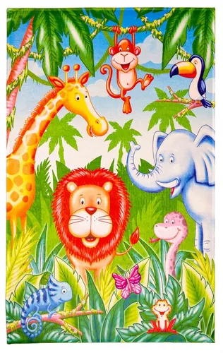 Böing Carpet Kinderteppich Dschungel 100x160cm - Teppich für Kinderzimmer mit buntem Dschungelmotiv, ideal zum Spielen und Kuscheln. Rutschfeste Unterseite aus Filz und PVC sorgt für Sicherheit.
