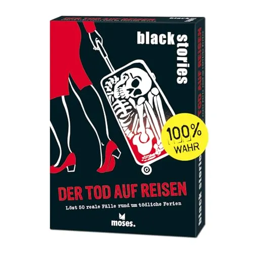 moses. black stories Der Tod auf Reisen - 50 Rätsel mit realen Fällen rund um tödliche Ferien, Krimi Kartenspiel mit Spielvariante und Punktechips, Rätselspiel für Jugendliche und Erwachsene