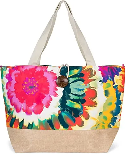 styleBREAKER Damen Strandtasche XXL Blumen Muster - Damen-Shopper mit buntem Blumen Muster, ideal für Strand und Einkauf, großes Hauptfach mit Knebelknopf und praktischem Seitenfach für Kleinteile.