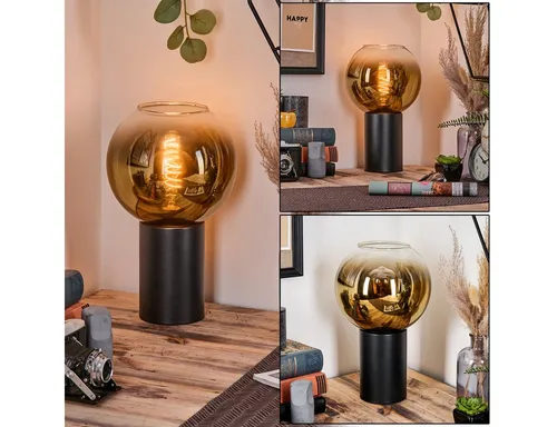 Hofstein Tischleuchte im Retro/Vintage-Design - Elegante Tischlampe aus Metall und Glas in Schwarz und Gold, ideal für stilvolle Akzente in jedem Raum. Höhe 32 cm, E27-Fassung für individuelle Lichtgestaltung.