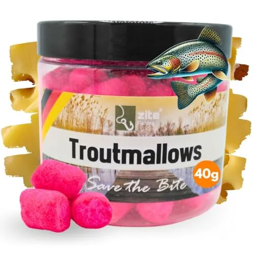 Zite Fishing Trout Mallows Forellenköder - Hochfängiger Forellenteig auftreibend - Troutmallows Starke Aromen & Leuchtende Farben 40g Dose Forellen Köder Grundmontage Naturködern (Käse pink)