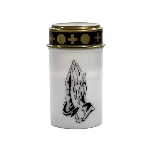 Fachhandel Plus LED Grablicht Weiß mit Batterien – Grabkerze LED, Grableuchte Ewiges Licht mit Motiv betende Hände, wetterfest mit Ein-/Ausschalter für Friedhof & Gedenkstätte