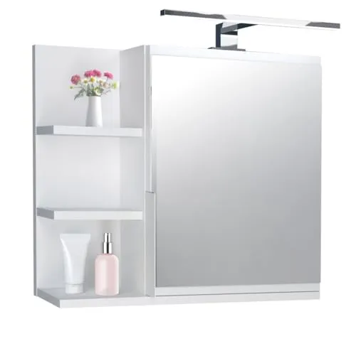 DecoNest Spiegelschrank 60x50 Weiß, Badezimmerschrank mit Ablagen, Badezimmerspiegel, Hängeschrank LED Lampe - Links