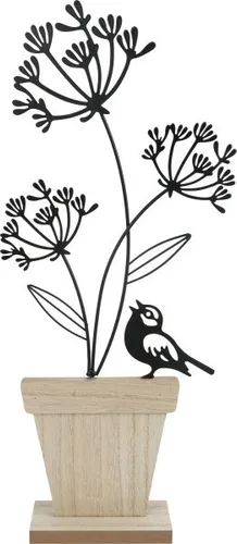 TrendLine Aufsteller Holz Blumen mit Vogel 45 x 6 x 21 cm weiß-schwarz Figuren