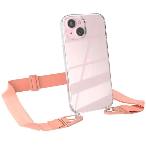 EAZY CASE - Hülle mit Band kompatibel mit iPhone 15 Handyhülle mit Umhängeband für iPhone 15 Silikonhülle Transparent Schutzhülle Handykette zum Umhängen Handykordel Smartphone in Rosa Coral
