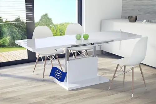Mazzoni Aston Ausziehbarer Couchtisch 120/200cm in Weiß Hochglanz - Vielseitiger, höhenverstellbarer Couchtisch mit praktischer Ausziehfunktion von 120 cm auf 200 cm. Ideal für kleine Räume – perfekt als Esstisch oder Wohnzimmertisch. Robuste, pflegeleichte Materialien garantieren Langlebigkeit.