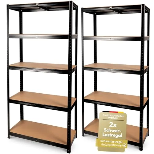 deluxe4home Schwerlastregal 2er Set - 875kg Traglast - Schwerlastregale aus verzinktem Stahl, ideal für Keller, Garage oder Werkstatt. Mit einfacher Montage und robusten MDF Ablagen für geordnete Lagerung.