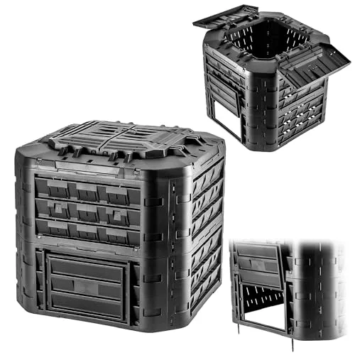 KADAX Modularer Komposter für Gartenabfälle, Gartenkomposter aus Kunststoff, Komposttonne mit Lüftung und Bewässerung, Kompostbehälter, Schnellkomposter (Schwarz 650 L)