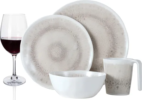 Melamin Camping Geschirr Set 4 Personen Amboss Design 16 Teilig + 4 Rotweingläser Weingläser Tafelgeschirr Picknick BBQ Kochgeschirr