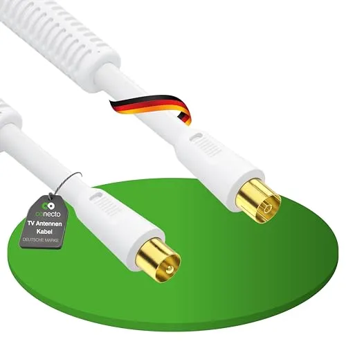 conecto Antennenkabel Koxialkabel TV 15,0m 4fach geschirmt IEC Stecker mit Ferrite, für HDTV, Receiver, Satelit, DAB, Radio, Weiß