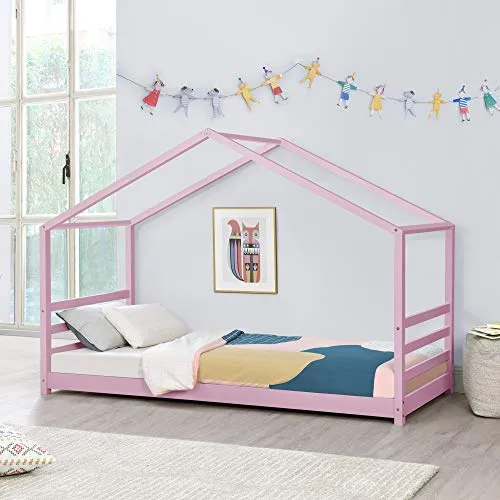 [en.casa] Kinderbett Vardø 90 x 200 cm - Rosa Hausbett aus Kiefernholz - Stabiles Kinderbett in Haus-Optik aus Kiefernholz, ideal für ein gemütliches Kinderzimmer. Mit Lattenrost und max. Belastbarkeit von 100 kg.