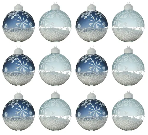 Kaemingk Weihnachtsbaumkugel, Weihnachtskugeln Glas 8cm mit Schneeflocken Motiv 12er Set blau mix