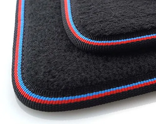 Premium Fußmatten Set für BMW E60 E61 M5 in Schwarz mit M Farben - 4-teiliges Set aus hochwertigem Velours, handgefertigt in Deutschland, mit rutschfestem Befestigungssystem und edler Umrandung für perfekten Innenraumschutz.