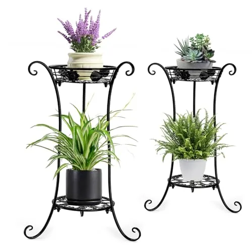 Fiita 2 Tier Blumenständer Pflanzenständer Metall, 66cm Hoch Blumenregal Pflanzenregal, Rostfrei Blumentreppe Pflanzentreppe Plant Stand für Wohnzimmer Balkon Terrasse Garten 2 Pack
