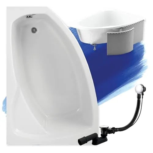 BADLAND Badewanne Original Weiß Acryl Wanne Eckbadewanne FRIDA 150x100 Links KOMPLETTSET SET mit Premium Styroporverkleidung + Füßen und Exklusive Chrom Automatik Ablaufgarnitur Made in EU 4in1