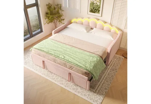 Flieks Daybett mit LED - umwandelbares Schlafsofa und Kinderbett 90x200cm/180x200cm - Stylisches Daybett in Samtoptik, ideal für Kinderzimmer oder Gästezimmer. Flexibel umwandelbar und mit einer Belastbarkeit von 120kg, sorgt es für Komfort und Funktionalität.