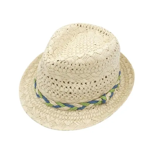 maximo Vented Crown Kids Strohhut - Stylischer Strohtrilby für Kinder, ideal für sonnige Tage. Mit Kordel Garniturband und mittlerer Krempe bietet er Komfort und Schutz beim Spielen im Freien. Perfekt für Frühling und Sommer! Maße: 55 cm Kopfumfang, 5 cm Krempenbreite.