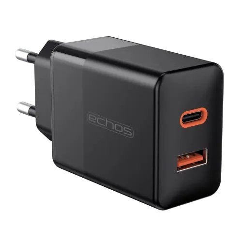 Echos 25W Ladegerät Dual Port USB C USB A Schnellladegerät Power Netzteil PD QC 3.0 Ladegerät für iPhone Samsung Galaxy Ipad Xiaomi HTC Sony LG und viele mehr Schnelllader für Handys
